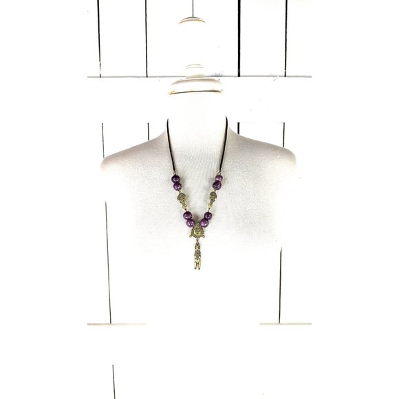 Tribal purple glass beaded gold metal Aztec Mayan style bead necklace - Picture 4 of 5